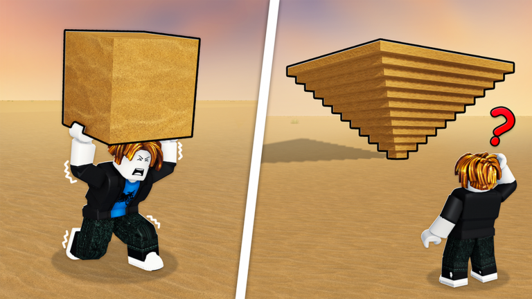 An avatar strains to lift a huge block while a finished pyramid waits across the desert