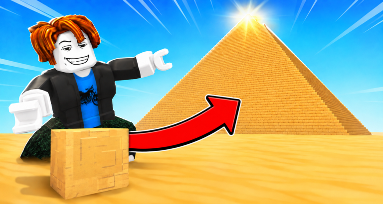 The goal: a character stands beside a block with an arrow pointing to the finished pyramid